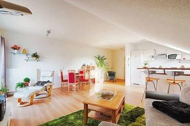 FeWo Herbert Wohnbereich 2.jpg Moderner Wohnbereich in Ferienwohnung mit hellen Möbeln, offener Küche, Essbereich und Pflanzen.