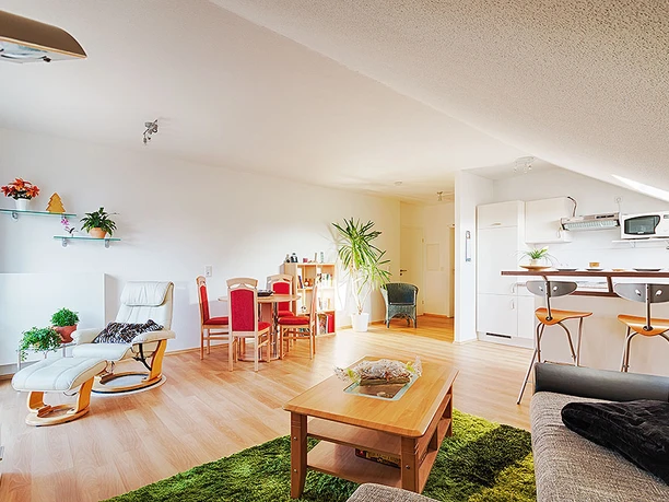 FeWo Herbert Wohnbereich 2.jpg Moderner Wohnbereich in Ferienwohnung mit hellen Möbeln, offener Küche, Essbereich und Pflanzen.