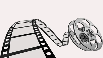 Filmrolle 1920x1080.png Eine klassische Filmrolle mit einem langen, entrollten Filmstreifen, der sich elegant windet.