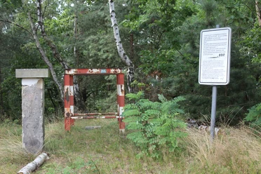 Gaußstein Osterberg Nienburg Der Gaußstein Osterberg in Nienburg steht in einem bewaldeten Gebiet neben einem informativen Schild.