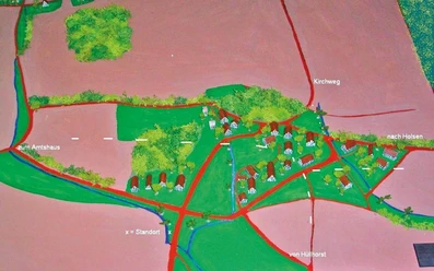 ahlsen-reinbeberg-historisches-ahlsen.jpg Historische handgemalte Karte von Ahlsen zeigt alte Wege und Gebäude im Stil eines Landschaftsbildes.
