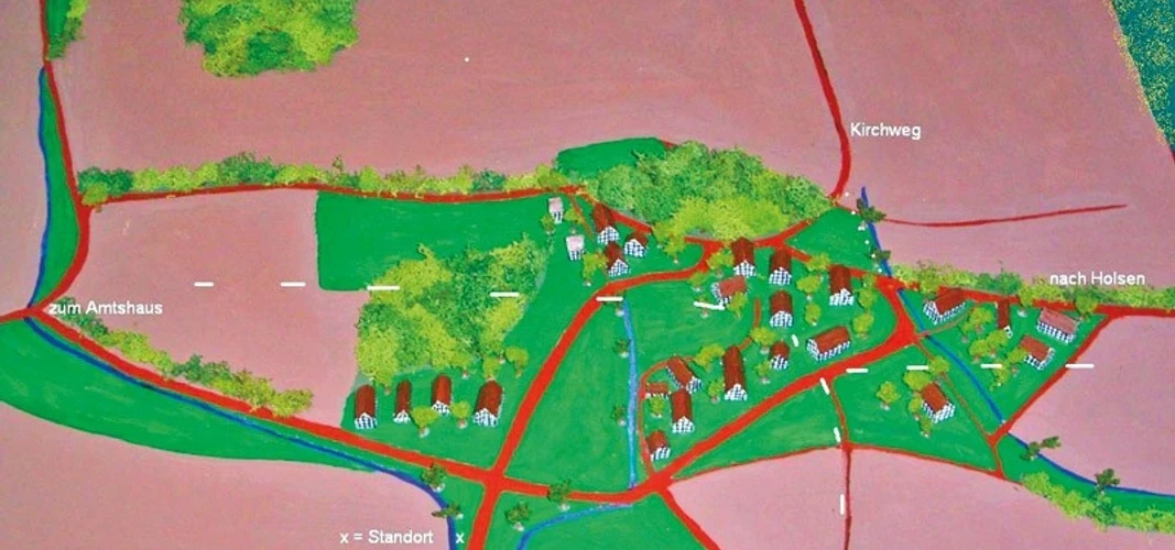 ahlsen-reinbeberg-historisches-ahlsen.jpg Historische handgemalte Karte von Ahlsen zeigt alte Wege und Gebäude im Stil eines Landschaftsbildes.