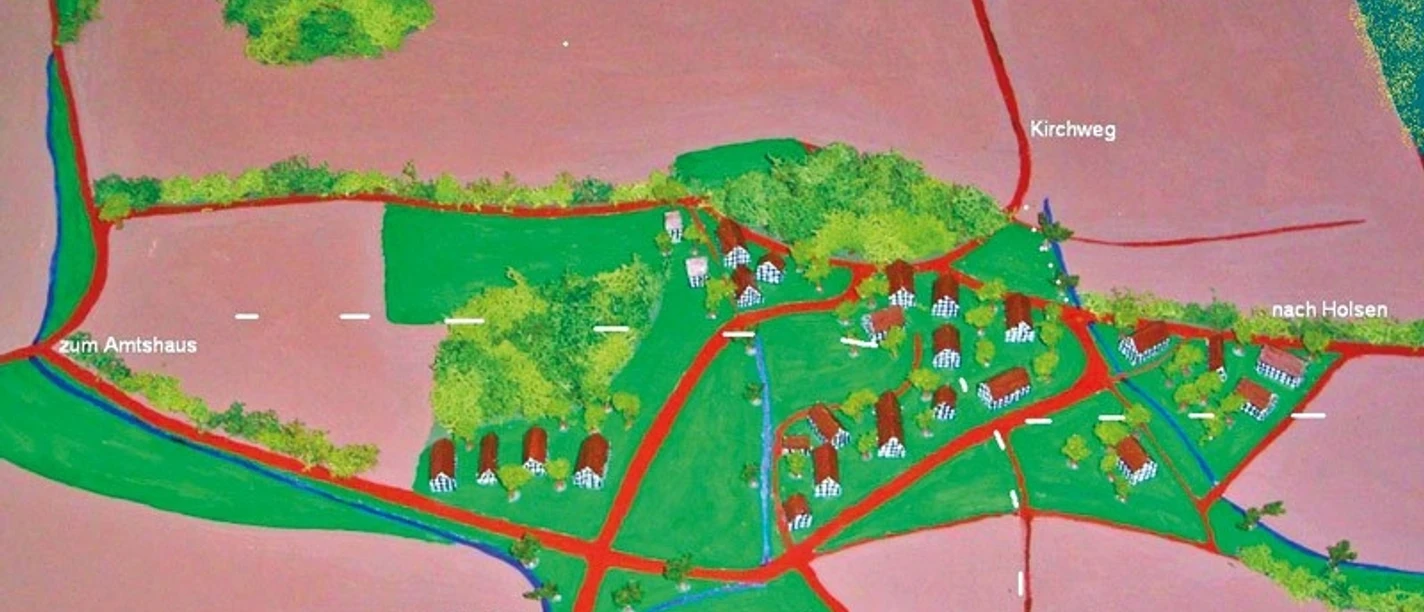 ahlsen-reinbeberg-historisches-ahlsen.jpg Historische handgemalte Karte von Ahlsen zeigt alte Wege und Gebäude im Stil eines Landschaftsbildes.