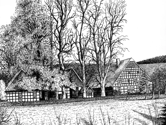 holsen-hofanlage-ostsieker-alt.jpg Alte Hofanlage mit Fachwerkhäusern und hohen Bäumen, umgeben von einer Wiese und kahlen Hecken.