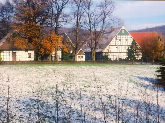 holsen.jpg Fachwerkhäuser in einer ländlichen Landschaft mit Bäumen und teils schneebedeckten Wiesen im Vordergrund.