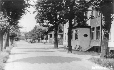 huellhorst-alte-hauptstraße.jpg Eine von Bäumen gesäumte Straße mit seitlich parkendem Fahrrad vor einem Backsteingebäude in Hüllhorst.