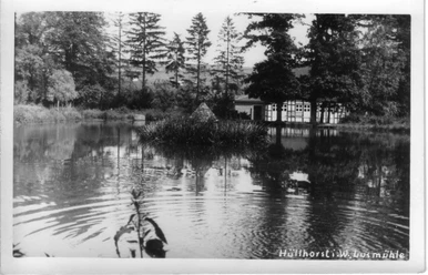huellhorst-teich-bad-lusmuehle.jpg Ein ruhiger Teich mit Spiegelungen und einem Häuschen am Ufer, umgeben von hohen Bäumen.