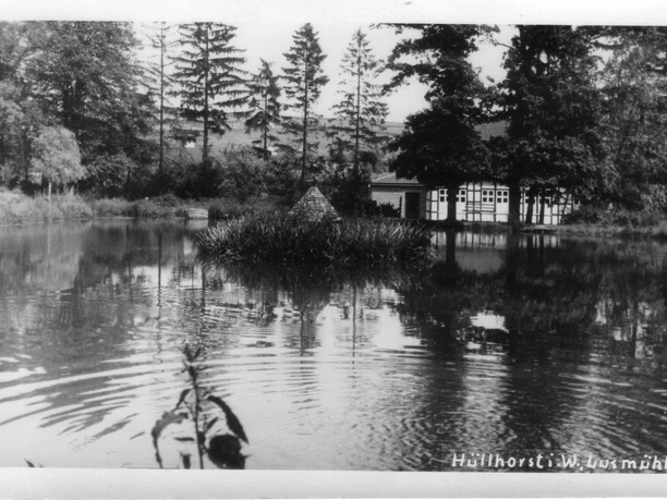 huellhorst-teich-bad-lusmuehle.jpg Ein ruhiger Teich mit Spiegelungen und einem Häuschen am Ufer, umgeben von hohen Bäumen.