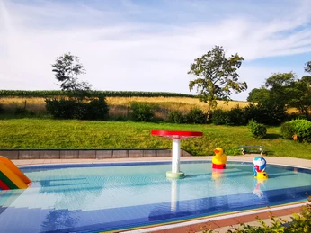 Kinderbecken mit flachem Wasser, bunten Wasserspielzeugen und umgeben von grünen Rasenflächen.