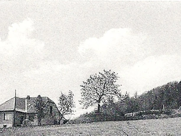 oberbauerschaft-koepperplatz-03.jpg Schwarzweißaufnahme eines kleinen Landhauses mit Bäumen, auf einer weitläufigen Wiese gelegen.