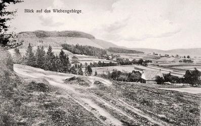 oberbauerschaft-augustus-hoffmann-bank-01.jpg Historische Schwarzweiß-Aufnahme des Wiehengebirges mit hügeliger Landschaft und vereinzelt stehenden Bäumen.