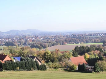 oberbauerschaft-augustus-hoffmann-bank-02.jpg Weitläufige Landschaft mit vereinzelten Häusern, umgeben von Feldern und Wäldern, im Hintergrund Hügel.