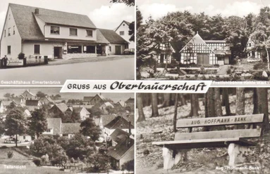 oberbauerschaft-augustus-hoffmann-bank-03.jpg Collage mit Geschäftshaus, Fachwerkgebäude, Dorflandschaft sowie einer Bank auf der "Aug. Hoffmann".