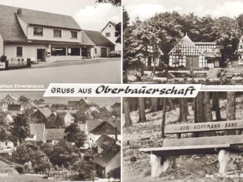 oberbauerschaft-augustus-hoffmann-bank-03.jpg Collage mit Geschäftshaus, Fachwerkgebäude, Dorflandschaft sowie einer Bank auf der "Aug. Hoffmann".