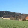 oberbauerschaft-blick-ins-ravensberer-land-02.jpg Weite grüne Felder vor einem bewaldeten Hügel mit einem Haus und roten Dächern unter blauem Himmel.