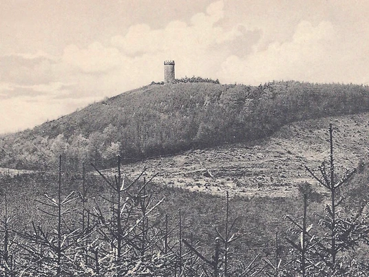 oberbauerschaft-hilgenstuh-alt.jpg Ein bewaldeter Hügel mit einem Turm oben, umgeben von Bäumen unter einem bewölkten Himmel.