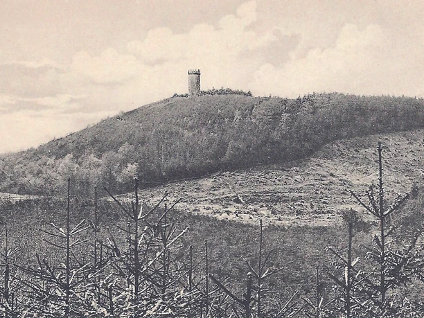 oberbauerschaft-hilgenstuh-alt.jpg Ein bewaldeter Hügel mit einem Turm oben, umgeben von Bäumen unter einem bewölkten Himmel.
