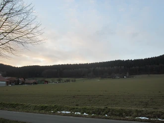 oberbauerschaft-hilgenstuhl.JPG Weites Feld vor einer sanft ansteigenden Waldlandschaft unter bewölktem Himmel in Oberbauerschaft.