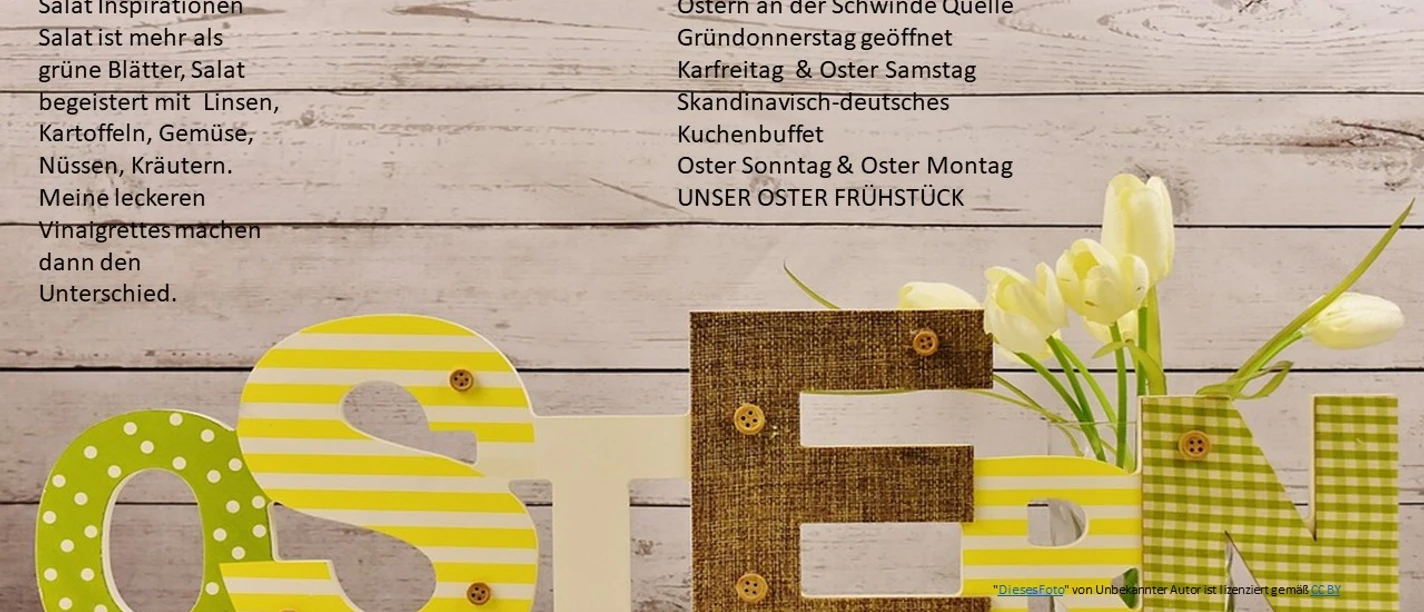 Ostern.jpg Dekobuchstaben OSTERN in Gelb und Grün vor weißer Holzwand mit Infos zum Osterfrühstück.