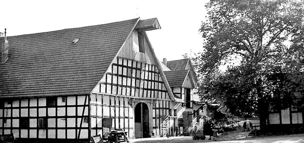 schnathorst-hof-niedermeier-01.jpg Historischer Fachwerkhof mit großen Scheunen und hohen Giebeldächern, umgeben von Bäumen.