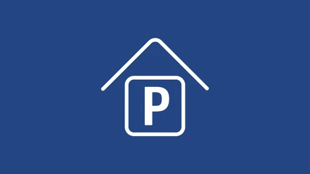 Blaues Parkhaus-Symbol mit weißem P unter stilisiertem Dach.