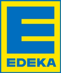 Edeka Farchant Logo großes blaues E darunter Edeka auf gelben Hintergrund mit blauer Umrandung