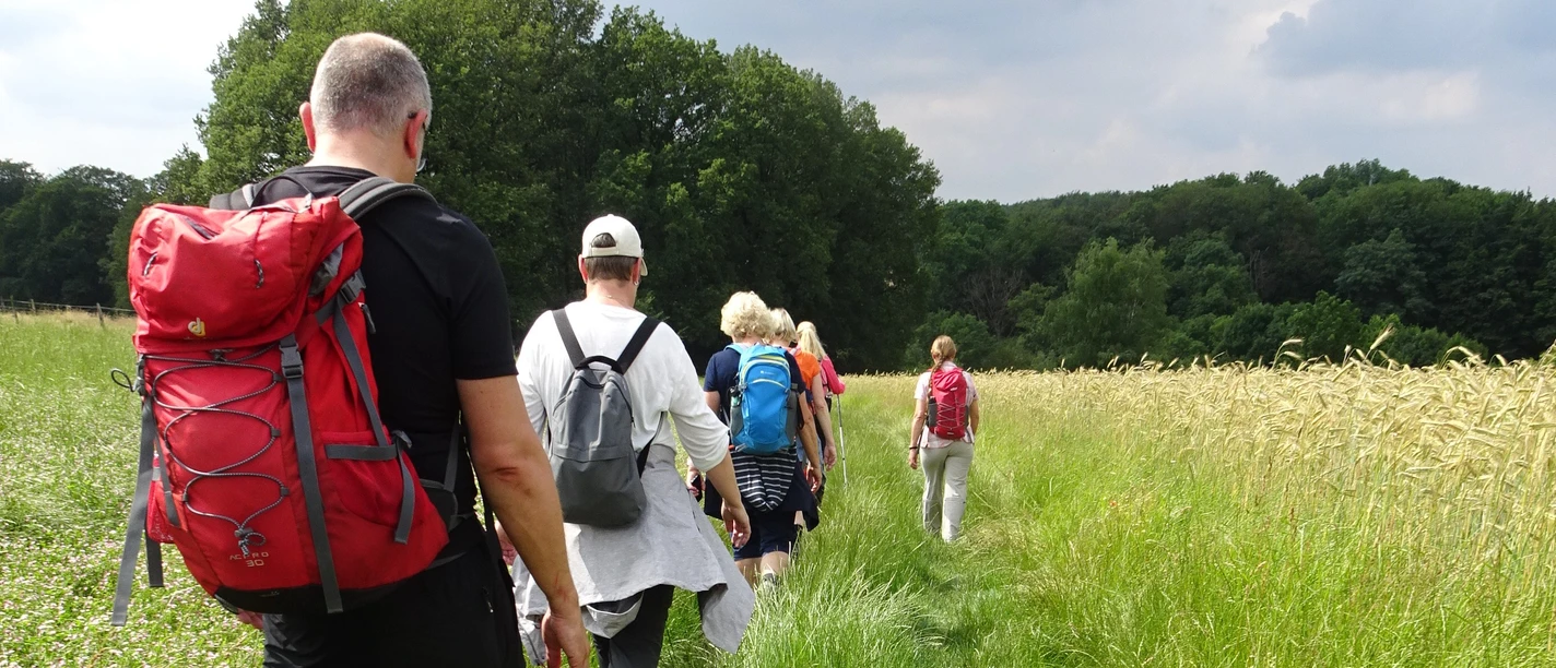 Heiligenhauser Höhenflug - Michael Schulze Eine Wandergruppe auf einem grünen Wiesenpfad, umgeben von hohen Bäumen und einem bewölkten Himmel.