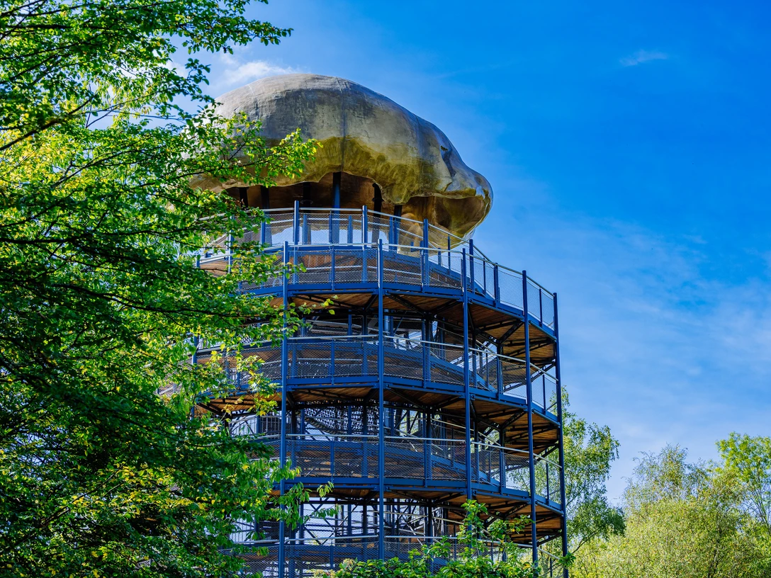 Führung Fundstelle & Erlebnisturm Höhlenblick - Neanderthal Museum Rundturm aus Metall und Holz in bewaldetem Gebiet mit auffälligem pilzförmigem Dach gegen blauen Himmel.