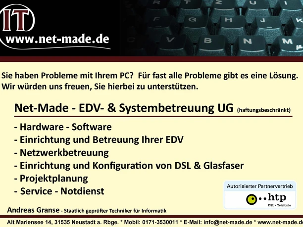 werbung.jpg Net-Made EDV- und Systembetreuung UG in Neustadt bietet umfassende IT-Dienstleistungen an.