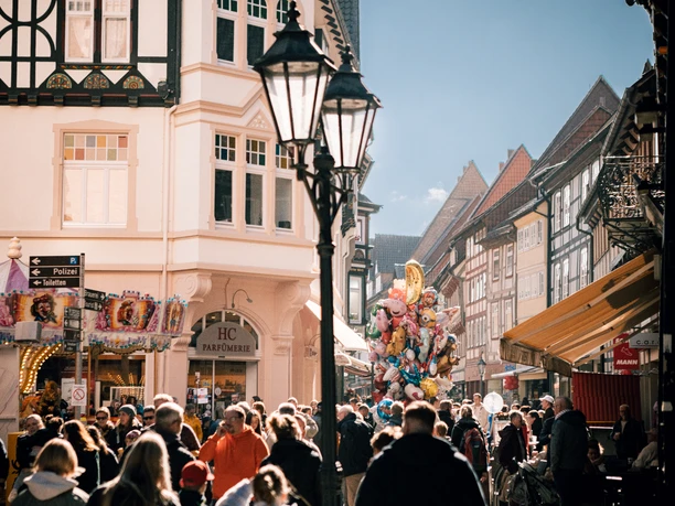 Many people in a street at a folk festival.