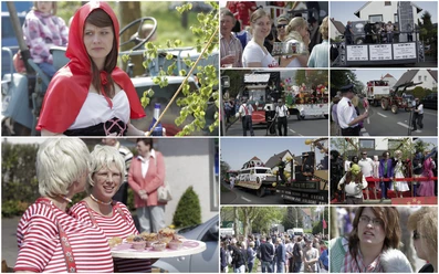 tengern-maifeier.jpg Maifeier in Tengern mit geschmückten Festwagen, verkleideten Teilnehmern und fröhlichen Zuschauern.