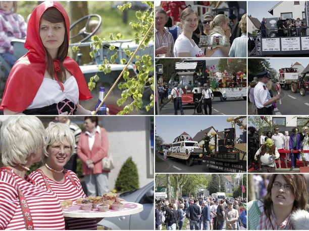 tengern-maifeier.jpg Maifeier in Tengern mit geschmückten Festwagen, verkleideten Teilnehmern und fröhlichen Zuschauern.