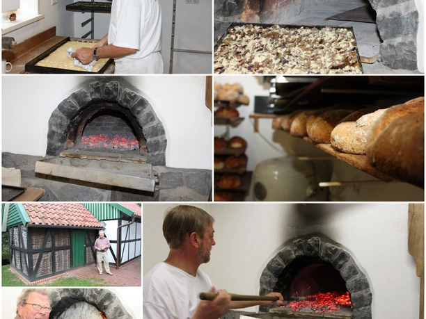 Backhaus Tengern Ein traditioneller Steinofenbäcker zieht frisches, gebackenes Brot aus einem glühenden Steinofen.
