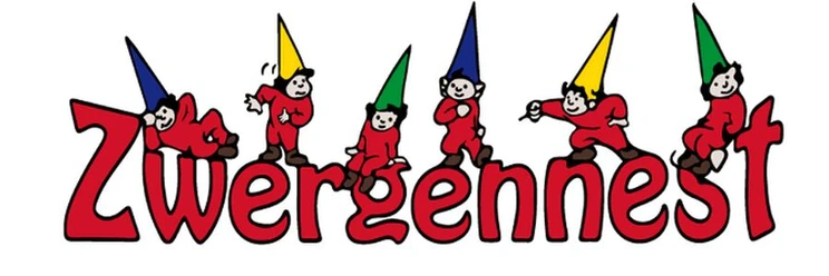 tengern-zwergennest.jpg Sechs fröhliche Zwerge in roten Anzügen mit bunten Mützen tanzen über das Wort "Zwergennest".