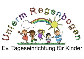 tengern-kindergarten-regenbogen.jpg Logo der evangelischen Tageseinrichtung Unterm Regenbogen mit spielenden Kindern, Regenbogen und Sonne.