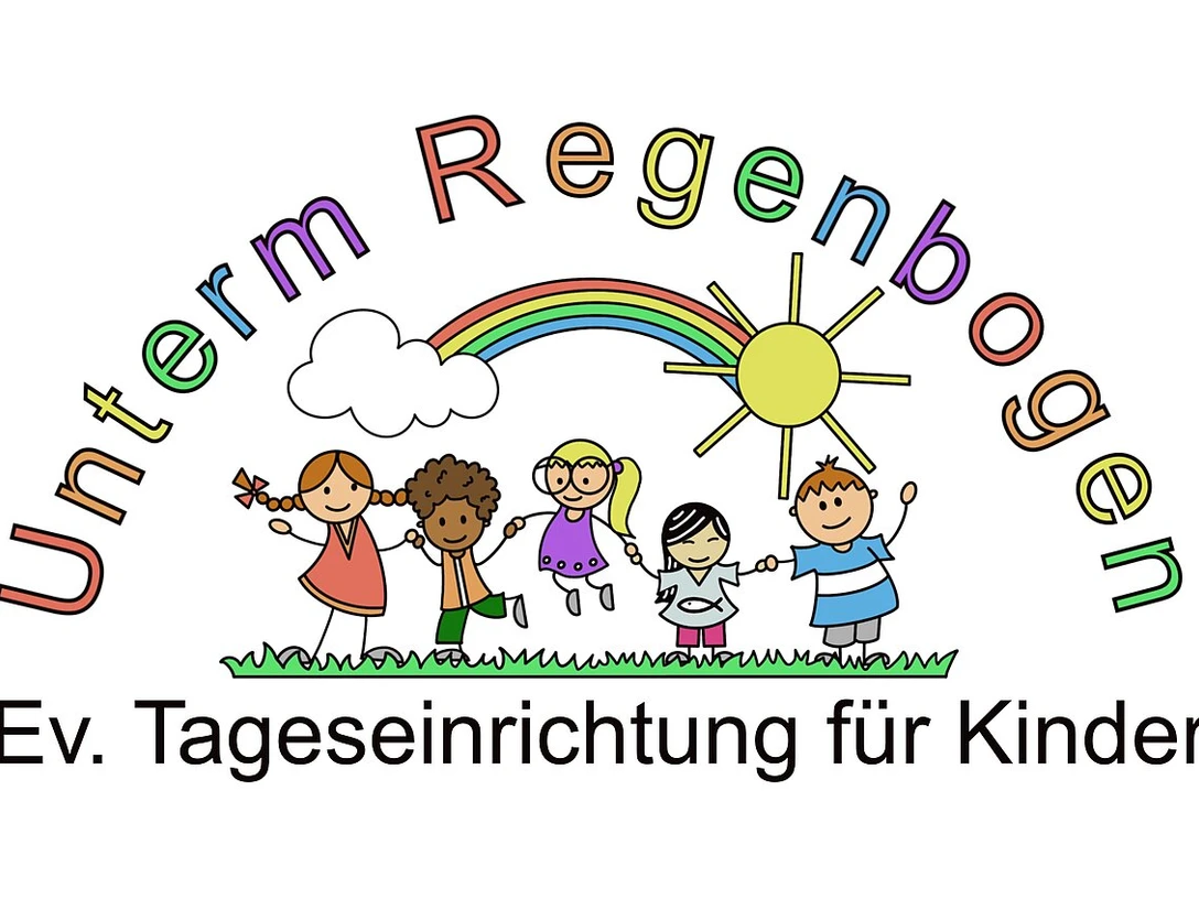 tengern-kindergarten-regenbogen.jpg Logo der evangelischen Tageseinrichtung Unterm Regenbogen mit spielenden Kindern, Regenbogen und Sonne.