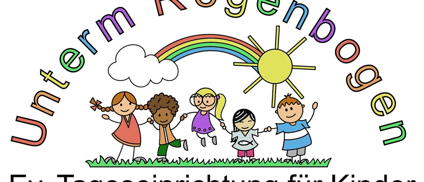 tengern-kindergarten-regenbogen.jpg Logo der evangelischen Tageseinrichtung Unterm Regenbogen mit spielenden Kindern, Regenbogen und Sonne.