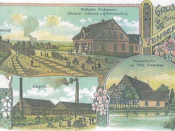 Historische Postkarte von Tengern mit Darstellungen des Bahnhofs, der Ziegelei und der Wassermühle.