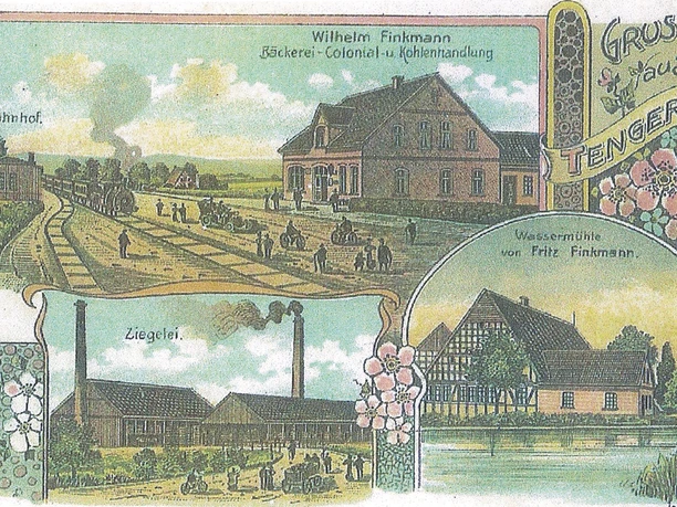 Wallücker Wilhelm Historische Postkarte von Tengern mit Darstellungen des Bahnhofs, der Ziegelei und der Wassermühle.