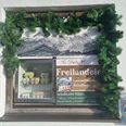 Eierfenster Farchant Fenster mit grüner Tannenzweiggirlande. Im Fenster Eierschachteln und Plakat 10 Stück Freilandeier 4.-- Euro, Lammfleisch, Schafteile, Schafzucht Hibler sowie Schlitz mit Aufschrift Kasse