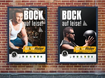 Kampagne Silent-Rider Zwei Werbeplakate an einer Backsteinwand mit dem Slogan "Bock auf leise!".</p>Two advertising posters on a brick wall with the slogan "Bock auf leise!"</p> <p