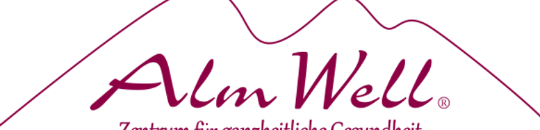 Almwell Farchant Bergsiluette in roten Lininen über dem Namen Almwell (zentrum für ganzheitliche Gesundheit)