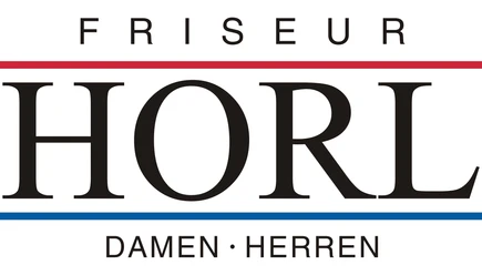Horl Logo Logo von Friseur Horl mit stilvoller Schrift für Damen und Herren, eingerahmt von roten und blauen Linien.