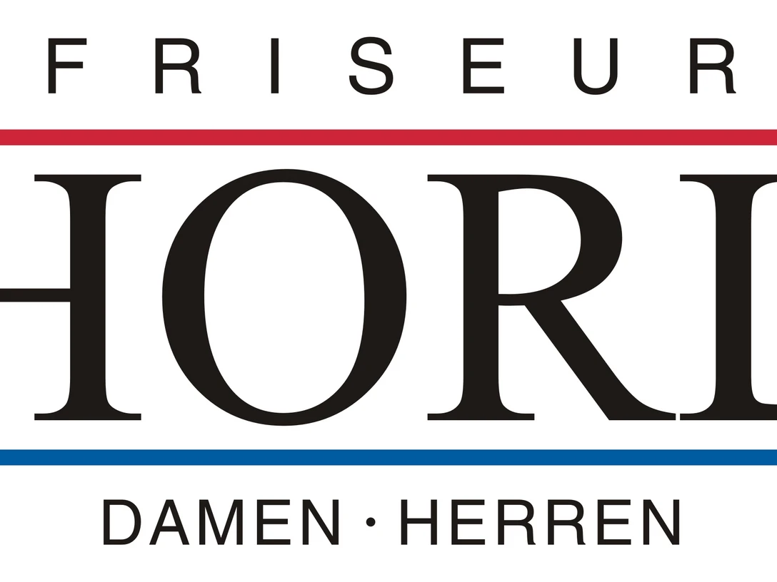 Horl Logo Logo von Friseur Horl mit stilvoller Schrift für Damen und Herren, eingerahmt von roten und blauen Linien.