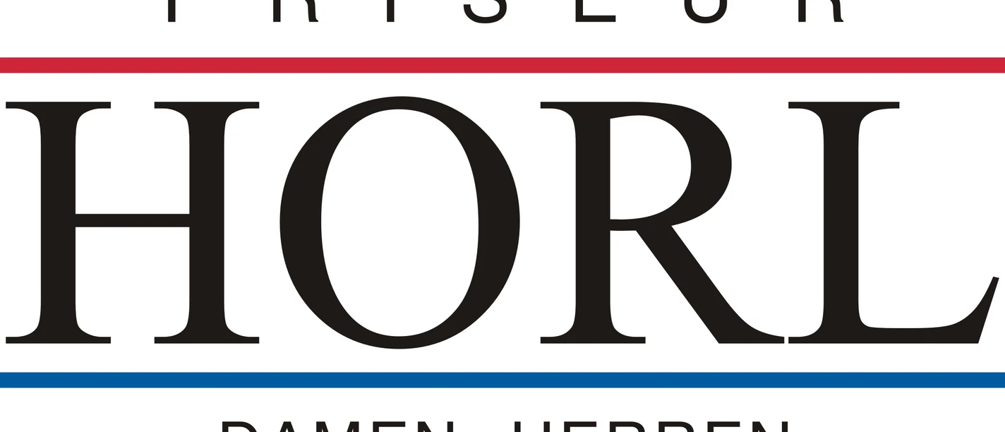 Horl Logo Logo von Friseur Horl mit stilvoller Schrift für Damen und Herren, eingerahmt von roten und blauen Linien.