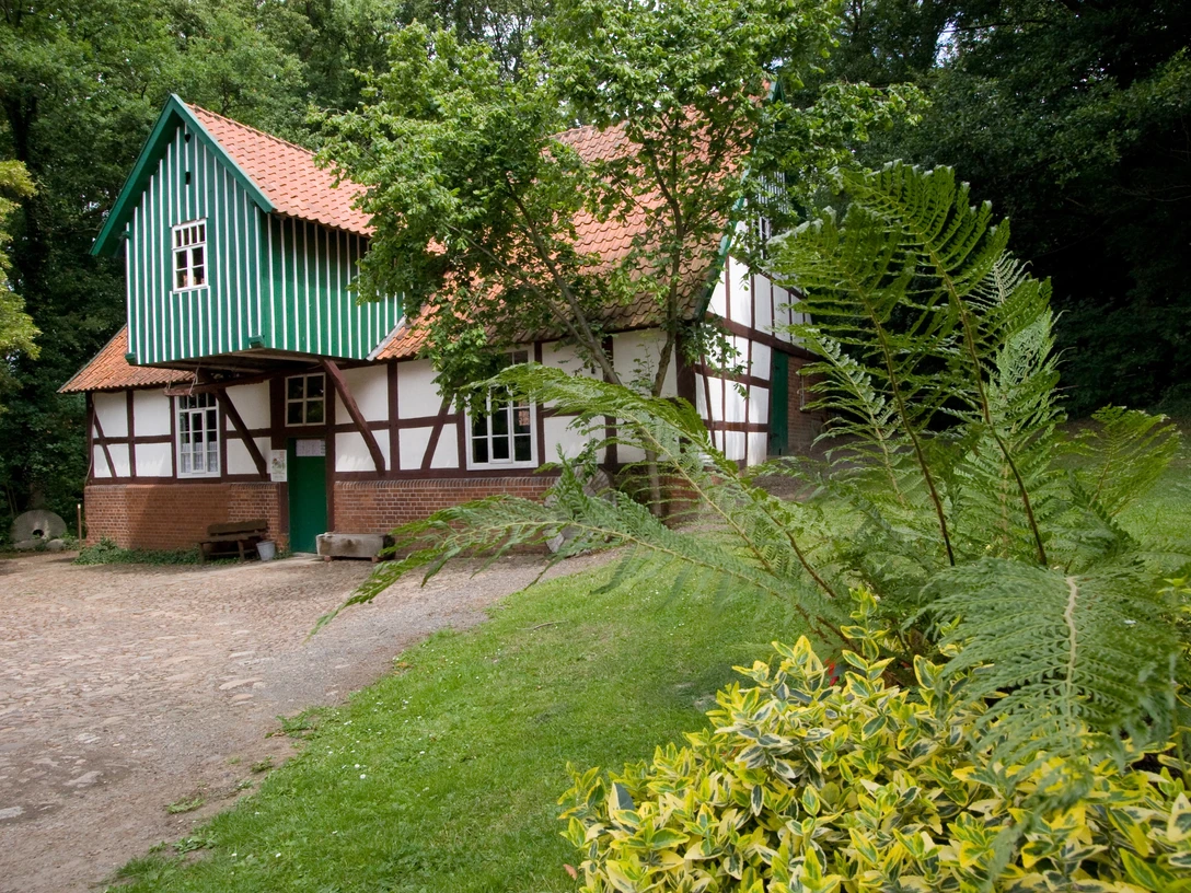 Stadt Petershagen_Döhren_Wassermühle_Vorderansicht_Frühjahr.jpg Zweistöckige Fachwerk-Wassermühle im Grünen mit rotem Dach und grünen Fensterläden im Frühling.