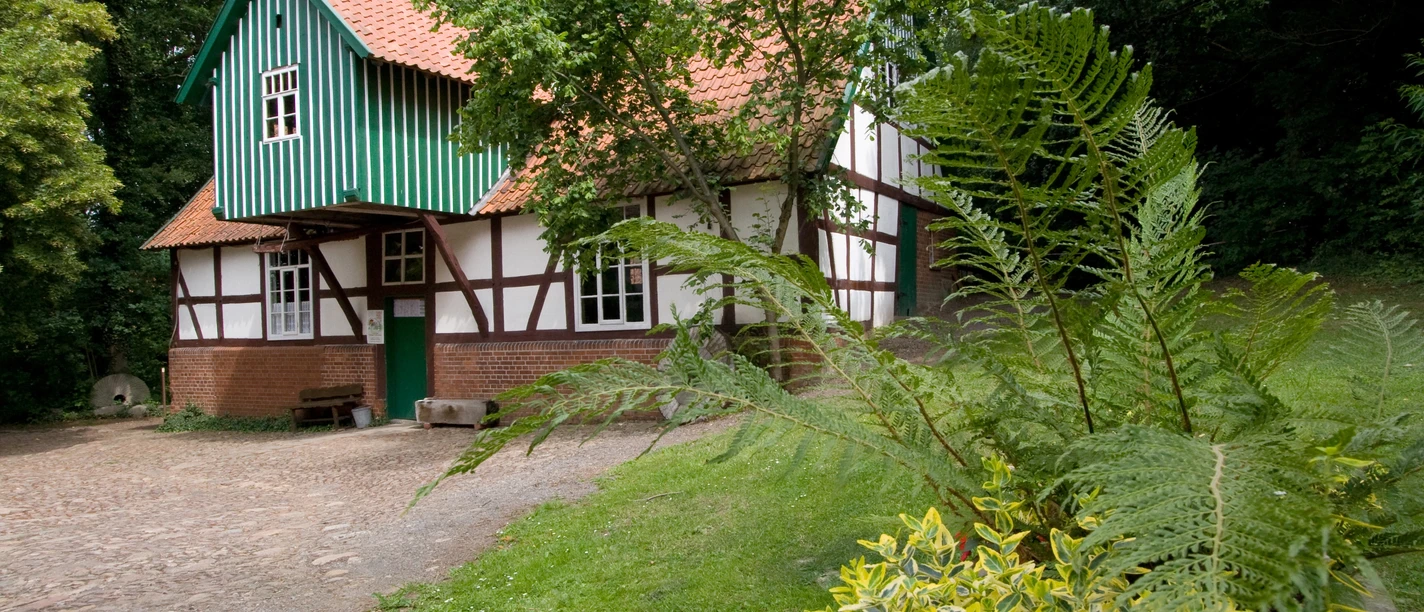 Stadt Petershagen_Döhren_Wassermühle_Vorderansicht_Frühjahr.jpg Zweistöckige Fachwerk-Wassermühle im Grünen mit rotem Dach und grünen Fensterläden im Frühling.