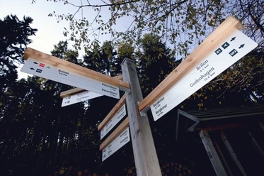 Wegweiser Hölzerner Wegweiser am Briloner Pilgerweg vor Waldrand und Ästen.