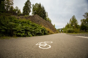 Radweg mit Fahrradsymbol, zwei Radfahrende neben Schieferhalden und Wald