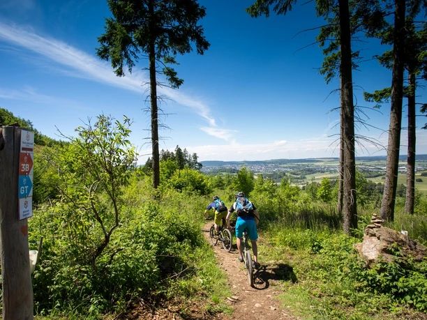Zwei Mountainbiker auf Waldtrail mit Blick über Brilon und das Sauerland
